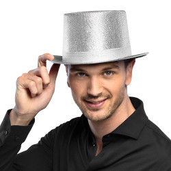 Strieborný cylindrický klobúk s flitrami